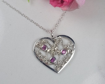 Filigree Heart Pendant, Gemstone Necklace for Mom, Best Friend Jewelry