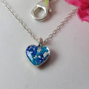 Resin necklace, Heart necklace, Sterling silver blue necklace, Boho small necklace, necklace, Valentines necklace, Pressed flower jewelry