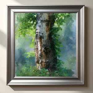 Op de afbeelding: Een vierkant schilderij in een zilveren lijst met de textuur van de wit-zwarte bast van een berkenstam. De boom is omgeven door levendig groen gebladerte, tegen een zachte, mistige en sfeervolle bosachtergrond.