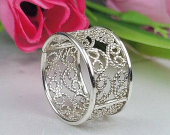 Brede bandring, filigraanring, zilveren statementring, dikke zilveren ring, boho-ring, vintage zilveren ring, verjaardagscadeau of haar