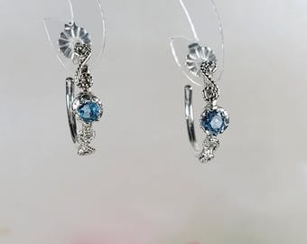 Blue Topaz Hoop Earrings, Small Sterling Silver Filigree Hoops, Botanical Bridal Jewelry