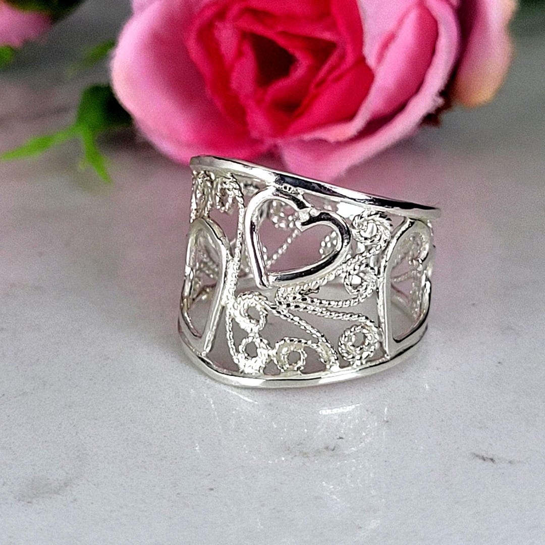 Filigree Ring, Sterling Silver Heart Ring, Wide Band Ring, Fine Jewelry ...