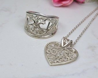 Filigree necklace, Filigree ring, Love jewelry set, Heart jewelry set, Sterling silver heart necklace, Filigree art jewelry