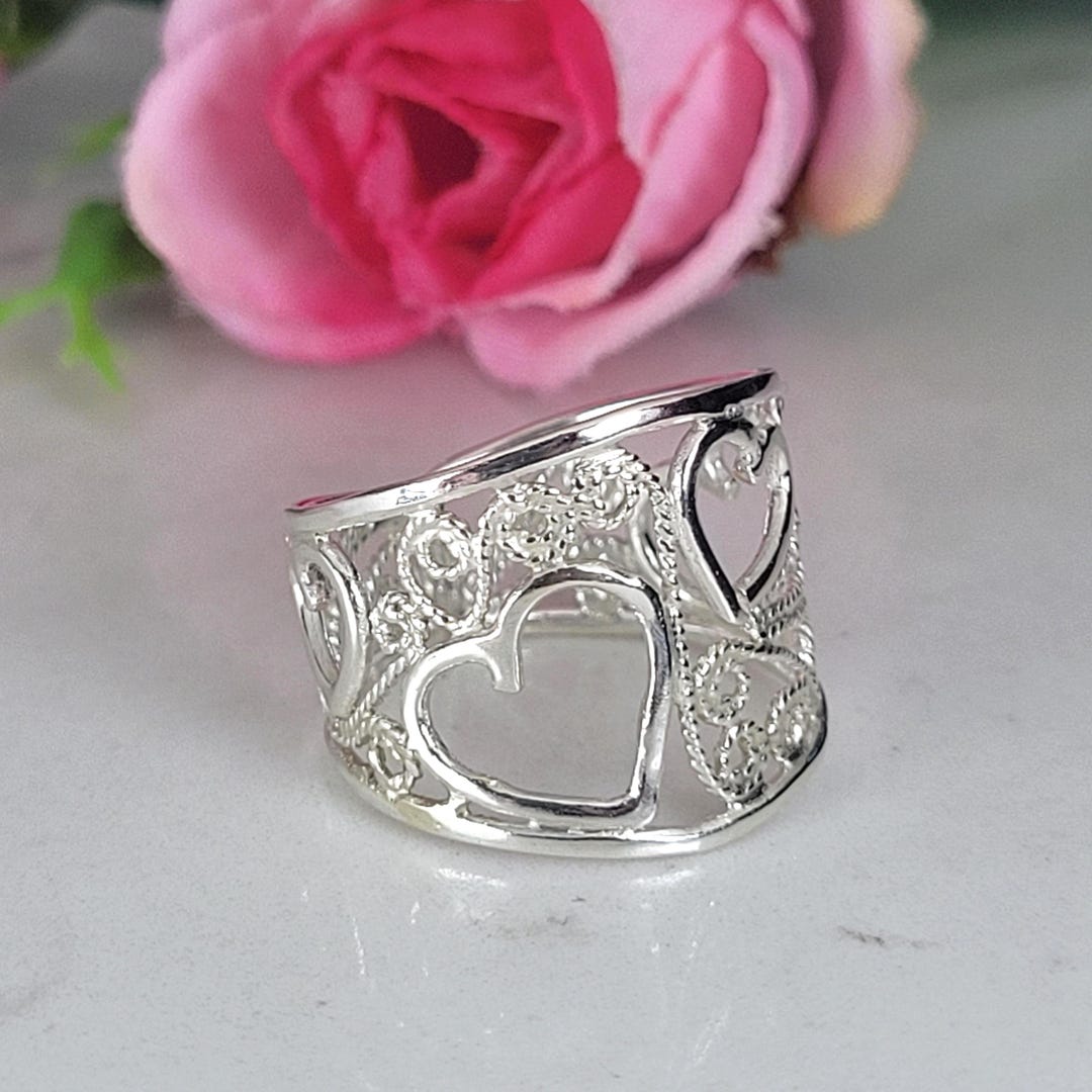 Filigree Ring, Heart Ring, Chunky Silver Ring, Wide Band Ring, Sterling ...