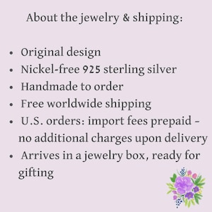 Może przedstawiać: Jasnofioletowa grafika informacyjna z ciemnoszarym tekstem o treści: About the jewelry & shipping: Original design, Nickel-free 925 sterling silver, Handmade to order, Free worldwide shipping, U.S. orders: import fees prepaid, Arrives in a jewelry box.