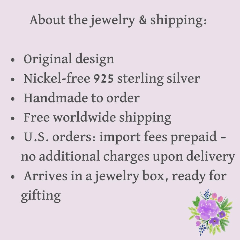 Może przedstawiać: Jasnofioletowa grafika informacyjna z ciemnoszarym tekstem o treści: About the jewelry & shipping: Original design, Nickel-free 925 sterling silver, Handmade to order, Free worldwide shipping, U.S. orders: import fees prepaid, Arrives in a jewelry box.