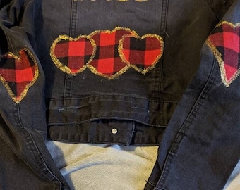 Denim Jacket hand painted and decorated with 'Loved' and hearts