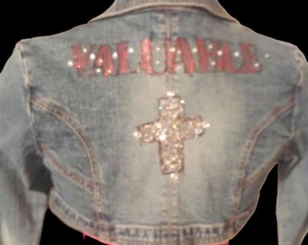 Denim Jacket with hand painted quote VALUABLE and jeweled cross