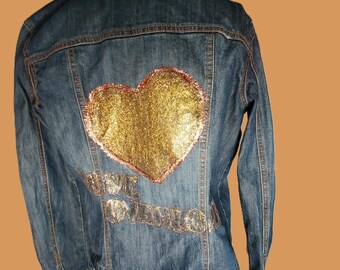 Denim Jacket( blue) with hand painted message and heart 'Love Overload '