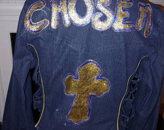 Denim Jacket hand painted 'Chosen' and gold cross