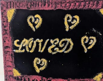 Loved Painting with Gold Hearts and Red Border on black canvas.