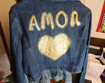Denim Jacket with hand painted message 'Amor' and heart