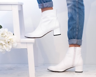 Arte -leather boots,Wedding white boots,Wedding ankle shoes,Wedding white ankle boots,White block heel boots,White ankle boots,Wedding boots