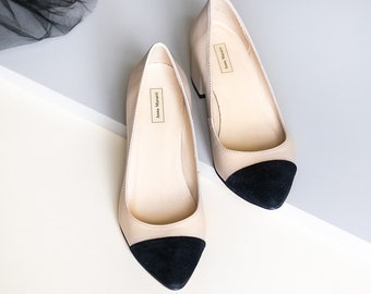 Milla - redy to ship, block heels,two-tone pumps,beige with black shoes,black toe pumps,women shoes,black toes pumps,anna maratti black toes