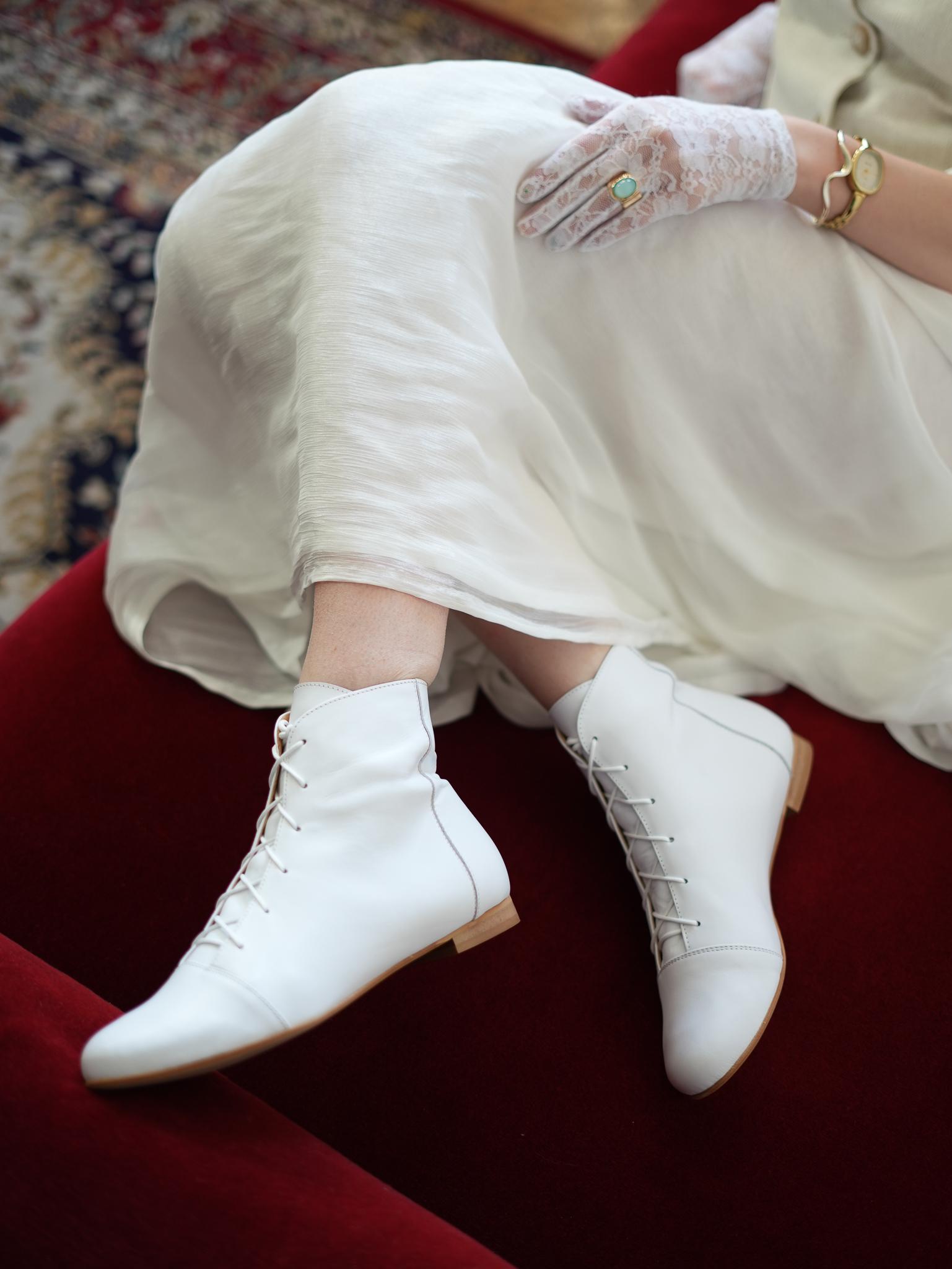 Greta - Women's White Leather Wedding Boots, Bridal Ankle Boots,Flat Lace-Up Bride Shoes, Comfortable Minimalist Boots for Wedding