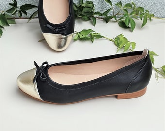 Nada - leather two-tone flats,leather flats,black gold flat shoes,black toe shoes,women shoes,women flats, black women shoes,leather flats