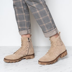 Anda - 8 US last pair,beige leather boots,women boots,tie ankle boots,zippered women boots,platform boots,women chunky platform,winter shoes