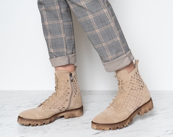Anda - 8 US last pair,beige leather boots,women boots,tie ankle boots,zippered women boots,platform boots,women chunky platform,winter shoes