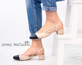 Vella - leather block heels,two-tone pumps,beige with black shoes,pointed toe slingback,closed toe slingback,black toe shoes,women shoes