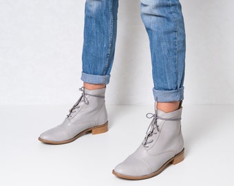 Kaya - prête à être expédiée marron 7 US, gris 8 US, bottines marron, bottes pour femme, bottes pour femme en cuir, bottes marron, bottines à lacets, chaussures en cuir