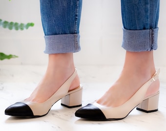 Ella lederen blokhakken tweekleurige pumps beige met - Etsy België