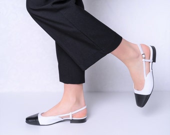 Villa - leather flats,two-tone flats,black and white shoes,leather slingback,closed toe slingback,black toe shoes,women shoes,women flats