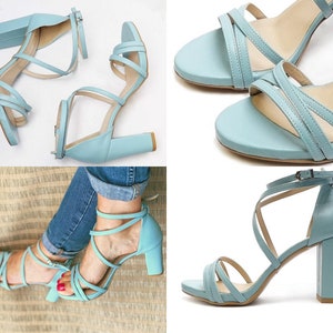 Moka - leather block heels,Wedding blue shoes,White heels,Wedding blue sandals,Wedding blue heels,Blue shoes,Something blue,Women sandals