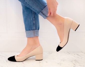 Milla - pronta para envio, salto bloco, scarpin bicolor, bege com detalhes em preto, scarpin com bico preto, sapatos femininos, scarpin com bico preto, scarpin Anna Maratti com bico preto