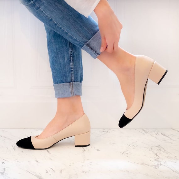 Milla Leather Block Heels,two-tone Pumps,beige With Black Shoes,pointed Toe  Pumps,black Toe Shoes,women Shoes,beige Black Block Heels -  Norway