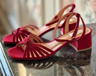 Red Suede Women's Sandals,Strap Women's Shoes,Ankle Tie Heel Sandals,Retro Style Block Heels,Anna Maratti
