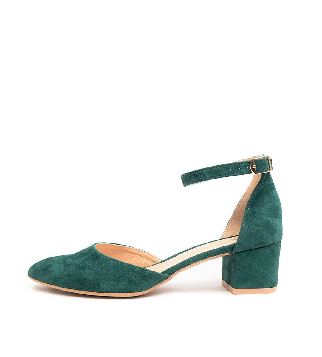 Grace Green Leather Block Heelswedding Shoesankle Strap - Etsy