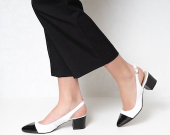 Ella - black and white block heels,two-tone pumps,black toes women shoes,pointed toe slingback,closed toe slingback,black and white shoes