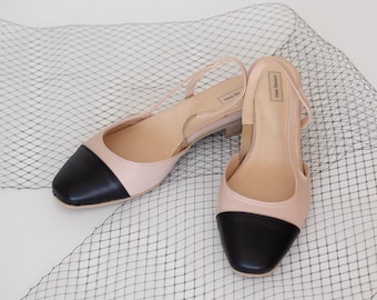 Julla - plats en cuir, plats bicolores, beige avec chaussures noires, slingback en cuir, slingback à bout fermé, chaussures à orteils noirs, chaussures pour femmes, appartements pour femmes