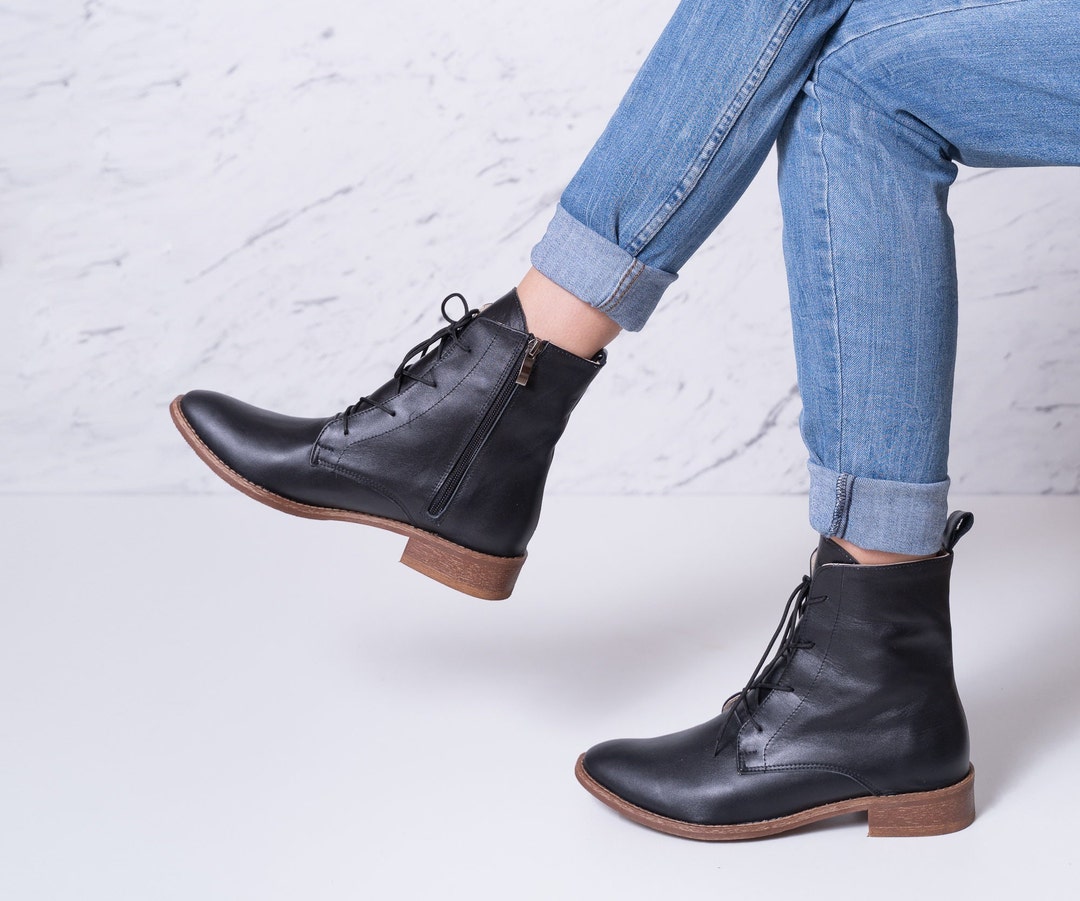 Luna Black Boots,leather Ankle Tie Boots,women Leather Boots,flat Women ...