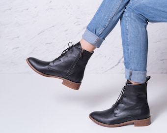 Luna - schwarze Stiefel,Leder Stiefeletten,Frauen Leder Stiefel,flach Stiefel,Frauen Stiefel,Frauen Stiefeletten,hohe Schnürschuhe