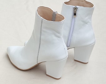 Lira - ankle white boots,Women ankle boots,Zippered ankle shoes,Wedding white boots,White heel boots,White ankle heels,White leather boots
