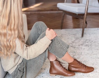 Greta - Full Leather Ankle Boots,Women Brown Ankle Boots,Cognac Ankle Lace up Shoes,Retro Ankle Boots,Anna Maratti Shoes