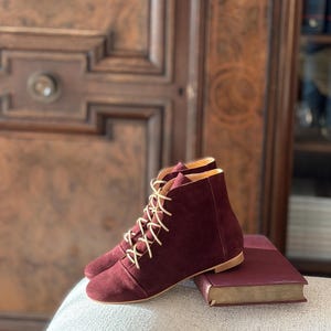 Greta - Skórzane botki do kostki, Damskie botki do kostki, Koniakowe sznurowane buty do kostki, Retro botki do kostki, Eleganckie buty, Buty Anna Maratti burgundy