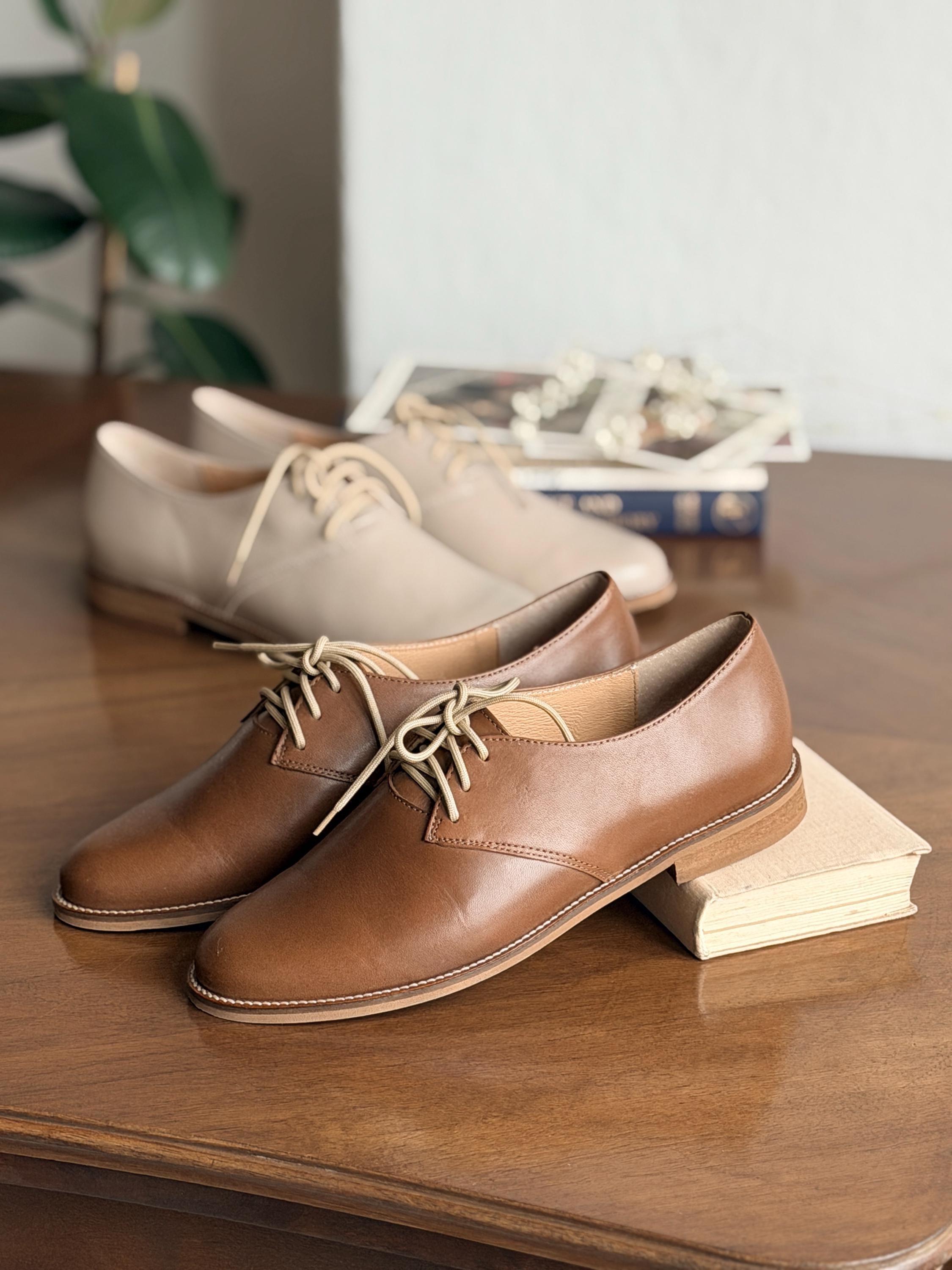 Mose - Leather Women's Oxfords, Cognac Brown Tie Shoes,black Lace