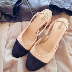 Nella - sale leather block heels,two-tone pumps,beige with black shoes,slingback,closed toe slingback,black toes shoes,anna maratti shoes