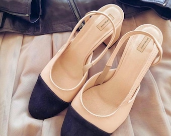 Nella - venda de saltos altos de couro, scarpins bicolores, bege com sapatos pretos, slingback, slingback fechado, sapatos pretos, sapatos Anna Maratti