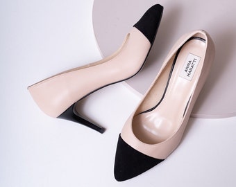 Stella - black heels,slim heels,beige black heels,black toes pumps,black heels,black pumps,beige black pumps,leather heels,black slim heels