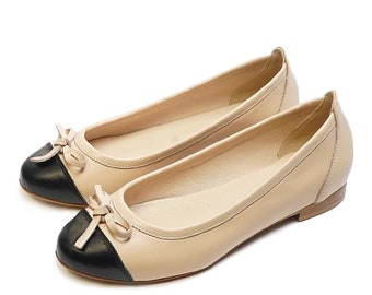Nada - leather flats,two-tone flats,beige with black shoes,black toe shoes,women shoes,women flats, beige black shoes,leather ballet flats