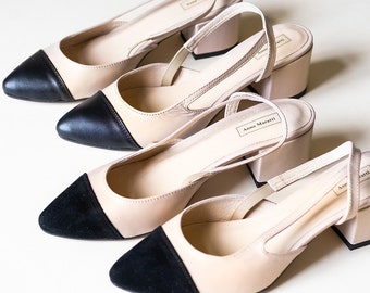 Calla - sale leather block heels,two-tone pumps,beige with black shoes,pointed toe slingback,closed toe slingback,anna maratti black toes