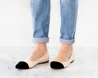 Tilla - sale,8 US two-tone flats,pointed toe flats,beige with black shoes,black toe shoes,women leather shoes,women flats,anna maratti shoes