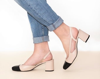 Nella - tacchi a blocchi in pelle, décolleté bicolore, beige con scarpe nere, slingback con punta rotonda, slingback a punta chiusa, scarpe da punta nere, scarpe da donna