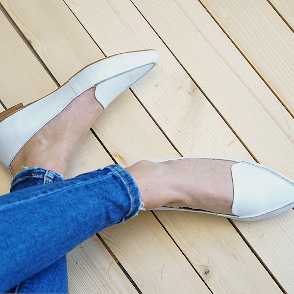 Mida - leather loafers,Women leather shoes,Pointy toe flats,Womens flat shoes,Handmade loafers,White flat shoes,White loafers,Brown loafers