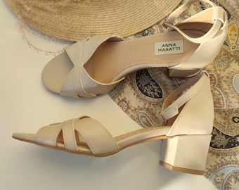 Betty - sale 9 US sandals,nude women's sandals,strappy sandals,ankle tie block heels,anna maratti,retro style sandals,heels strappy sandals