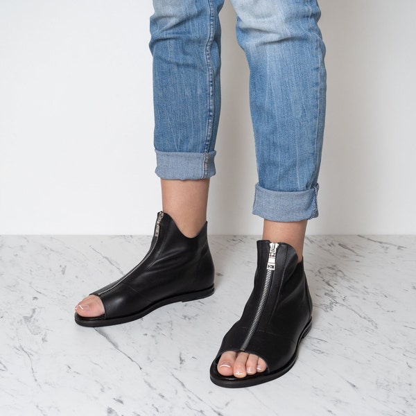 Yela - peep toe booties,women shoes,women sandals,black sandals,open toe summer boots,black leather sandals,greek sandals,peep toe boots