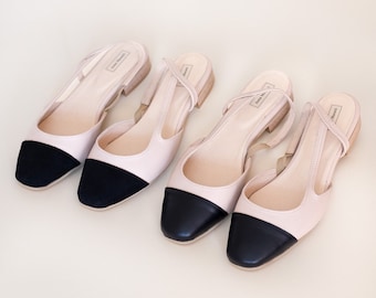 Julla - Lederschals, zweifarbige Flache, beige mit schwarzen Schuhen, Lederschal, geschlossener Zehenslingback, schwarze Zehenschuhe, Damenschuhe, Frauenschuhe